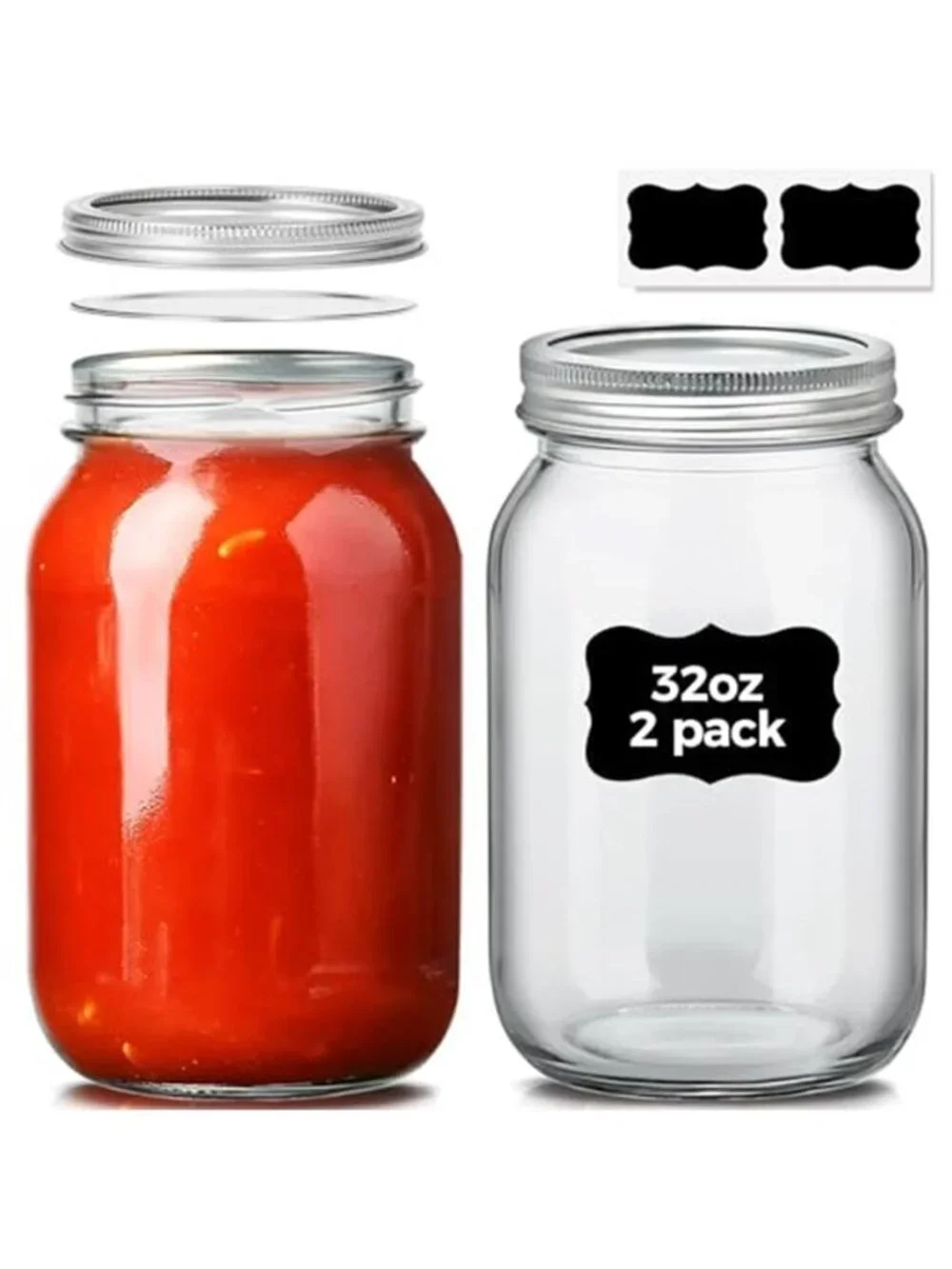 Wide Mouth Mason Jars 32 oz with Lids 2 Pcs, Quart Mason Jars with Seal Band
